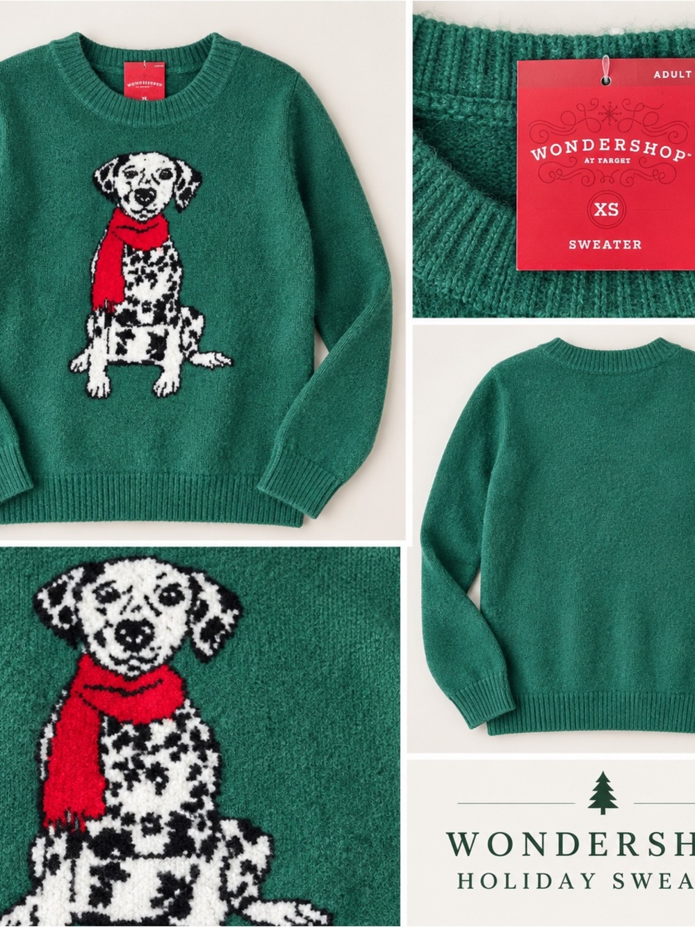 Holiday Time Green Crewneck Sweater with Dalmatian and Red Scarf